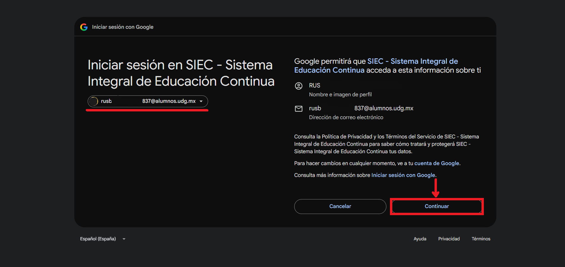 Opción 3, Usar cuenta de Google