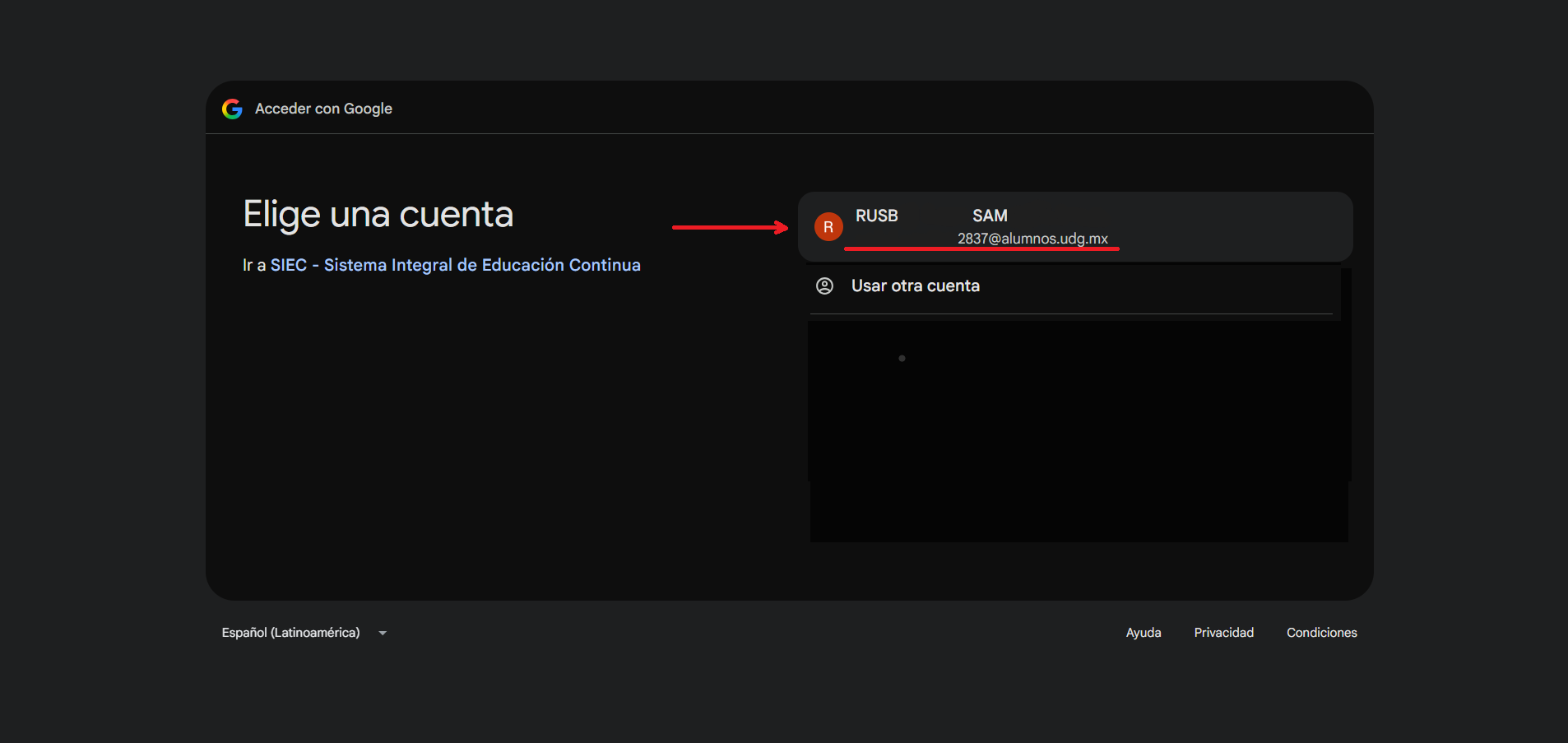 Opción 3, Usar cuenta de Google