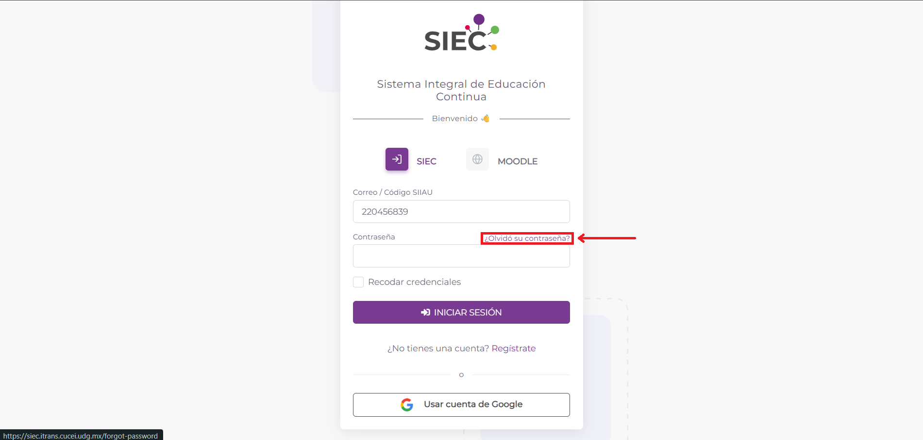 Recuperar contraseña, paso 1